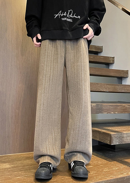 Chenille Mens Fall Pockets Brown Pants Solid Waist Simple Elastic