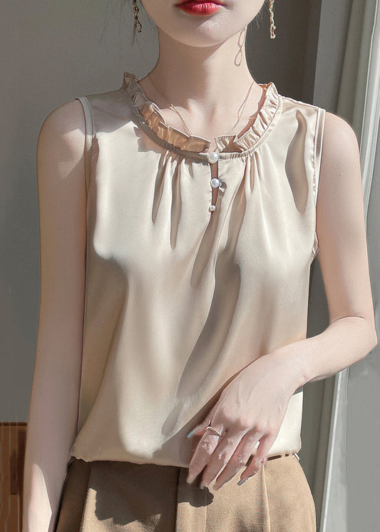 O-Neck Button Shirt Silk Simple Color Champagne Summer Pearl