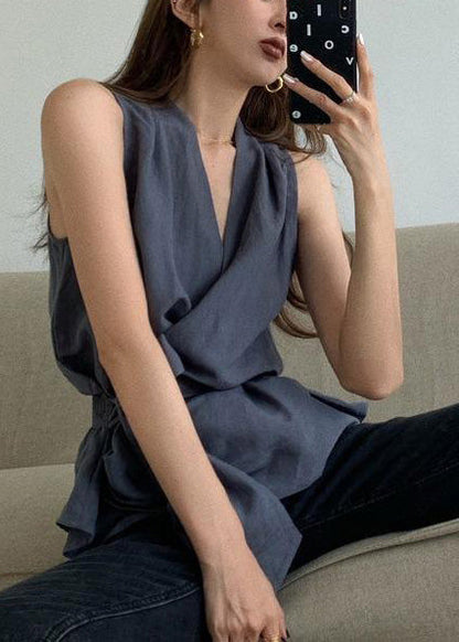 Summer Linen Vest Charcoal Grey Simple Tunic Silm