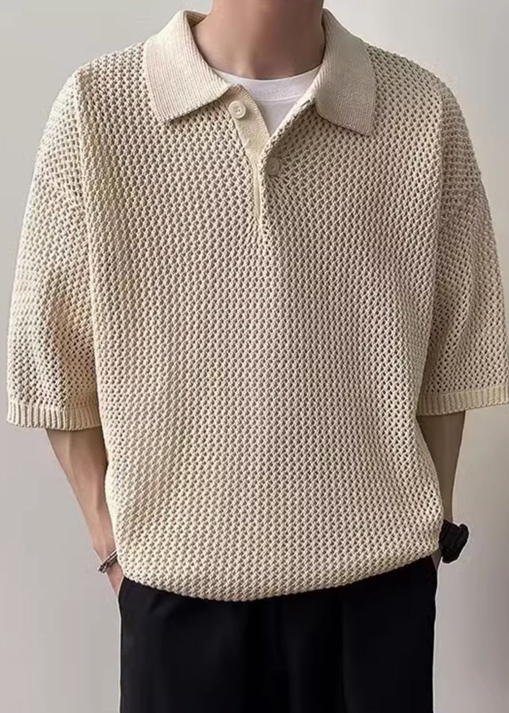 Polo Summer Shirts Men Button Coffee Hollow Out Knit Simple