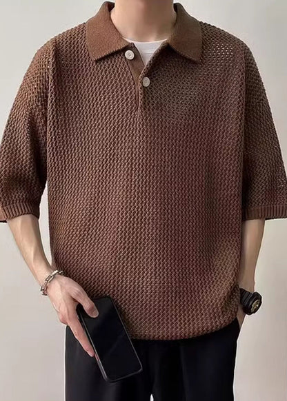 Polo Summer Shirts Men Button Coffee Hollow Out Knit Simple