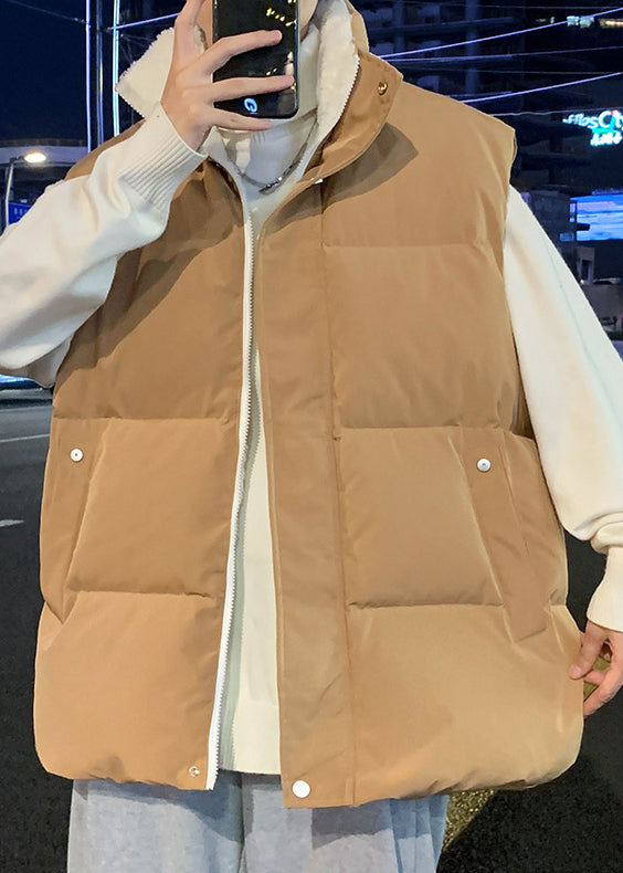 Simple Coffee Hooded Zippered Warm Fleece Mens Waistcoat Winter RN015