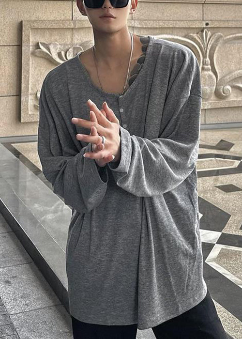 O T Button Neck Simple Spring Solid Coffee Mens Cotton Shirts