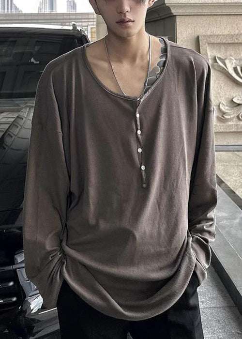 O T Button Neck Simple Spring Solid Coffee Mens Cotton Shirts