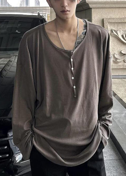 O T Button Neck Simple Spring Solid Coffee Mens Cotton Shirts