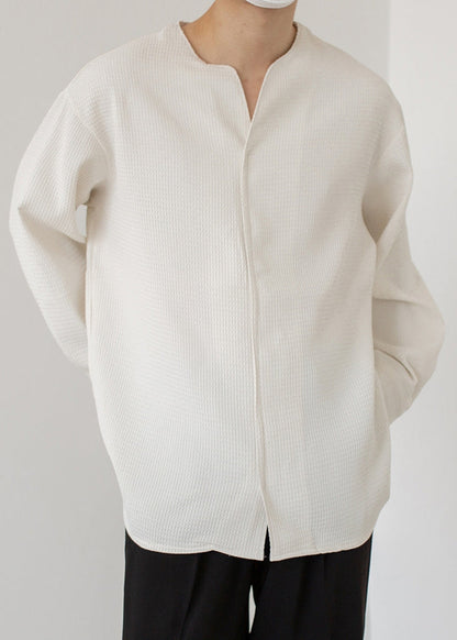 Pullover Shirts Solid Cotton Coffee Simple Neck Men Spring V