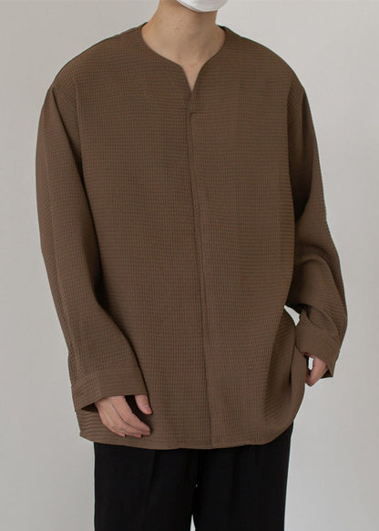 Pullover Shirts Solid Cotton Coffee Simple Neck Men Spring V