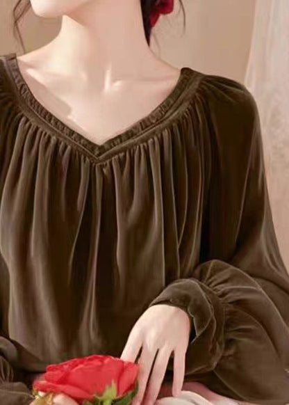 Simple Coffee V Neck Wrinkled Solid Silk Velour Shirt Spring TY007