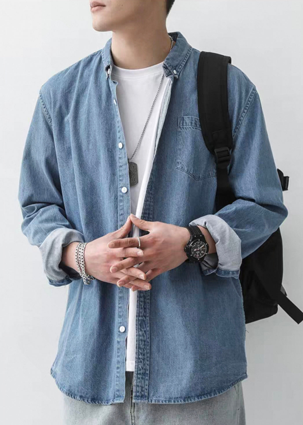Button Men Simple Pan Shirts Peter Denim Dark Blue Spring Collar