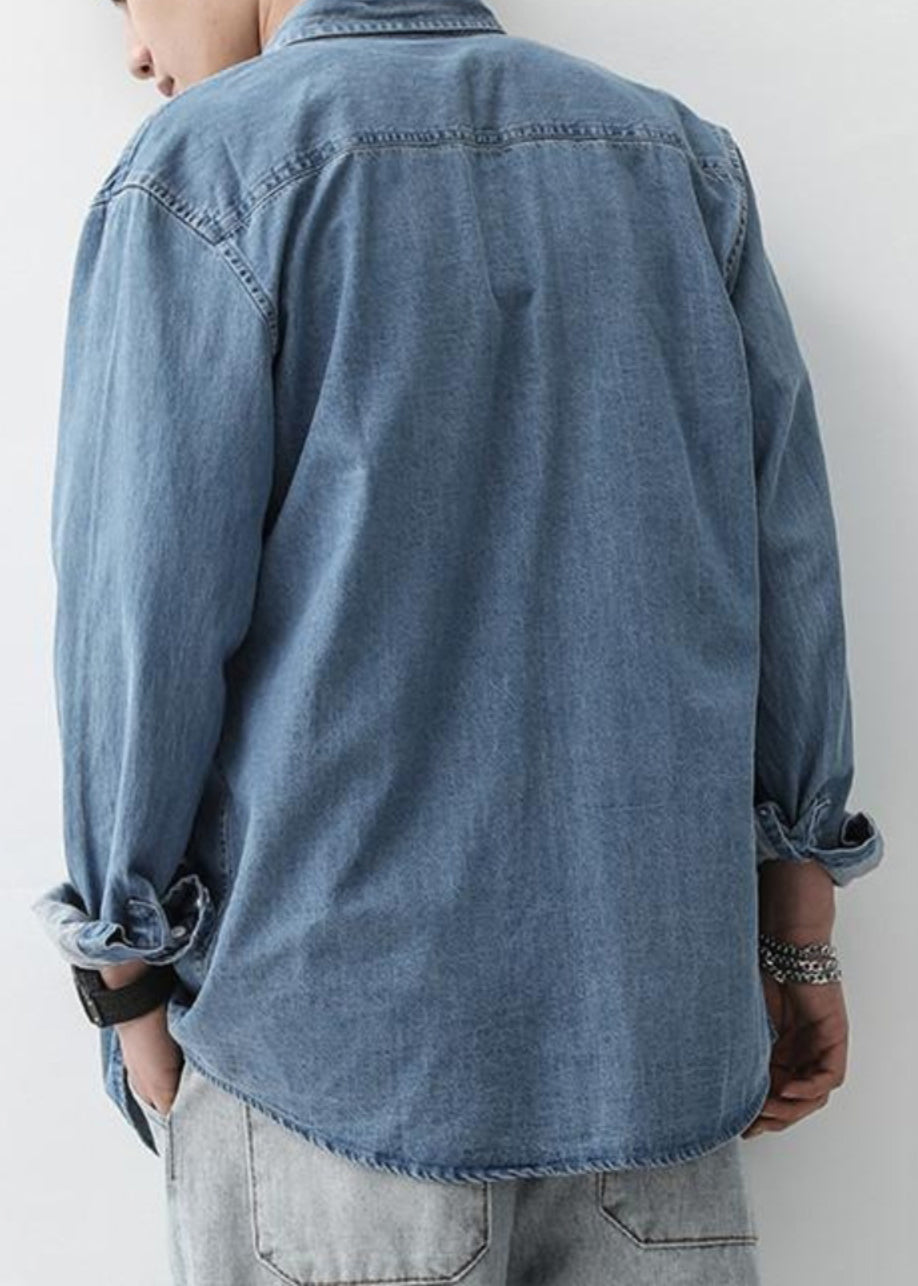 Button Men Simple Pan Shirts Peter Denim Dark Blue Spring Collar