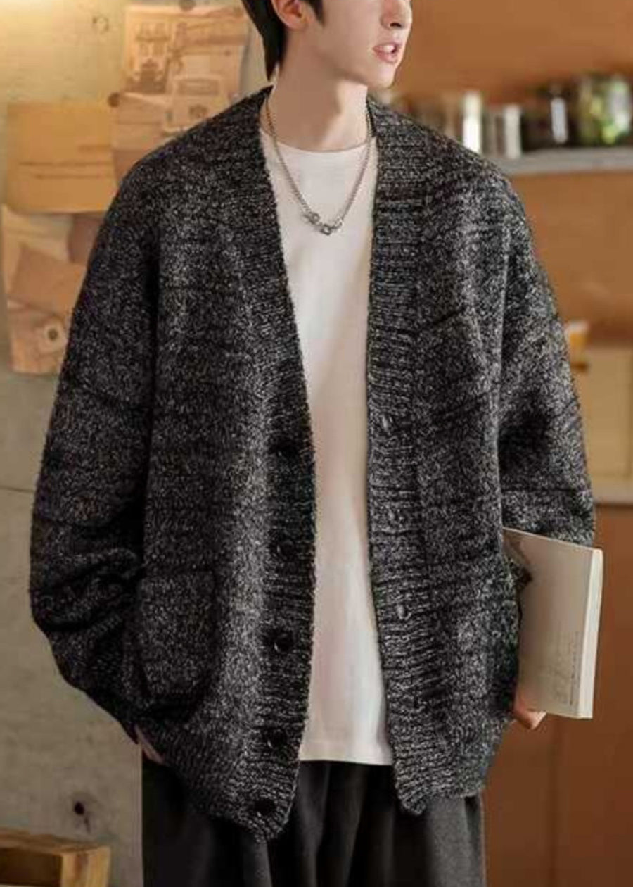 Spring Cardigans Simple Mens Pockets Neck V Gray Knit Dark