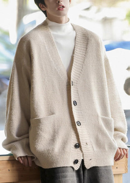 Spring Cardigans Simple Mens Pockets Neck V Gray Knit Dark