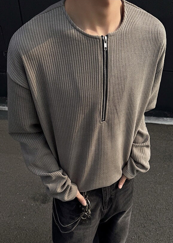 Men Dark Cotton Zip T Gray Shirts Spring Simple Up Solid