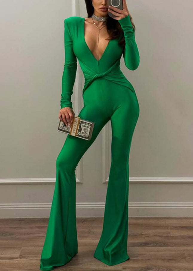 Green Cotton High V Waist Trousers Simple Neck Solid Flared