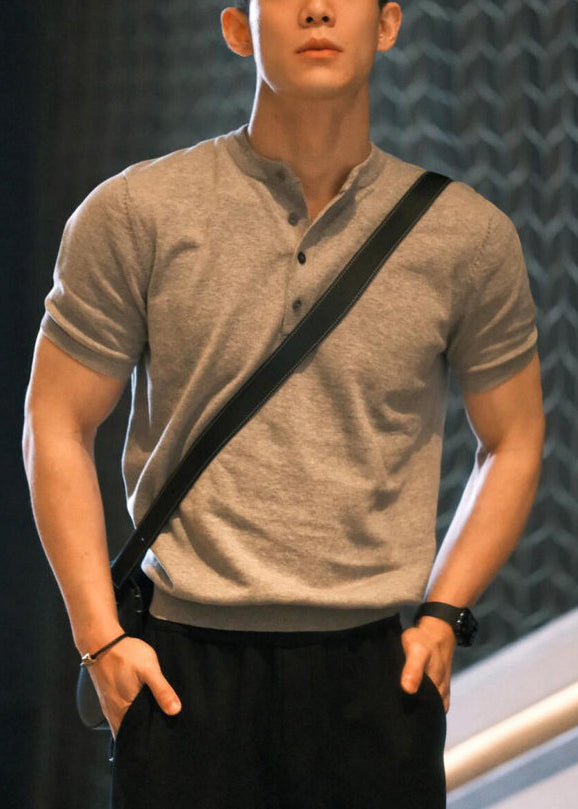 Grey Summer Solid Button Men Shirts T Cotton Simple