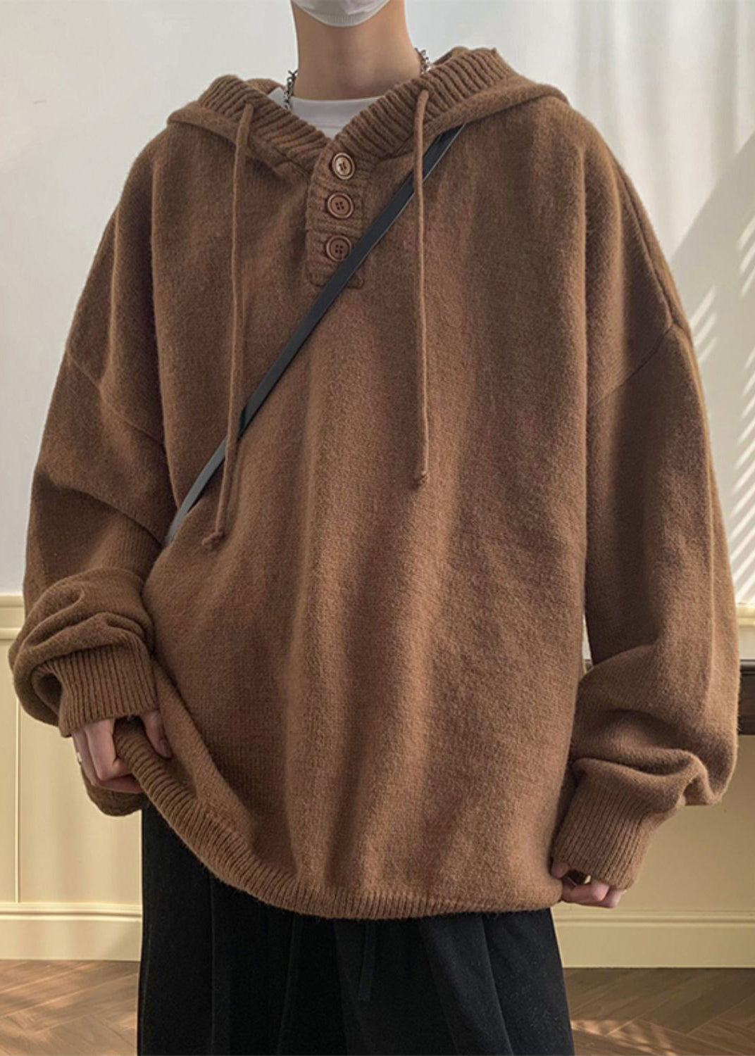 Simple Grey Hooded Button Solid Knit Men Sweaters Winter RP063