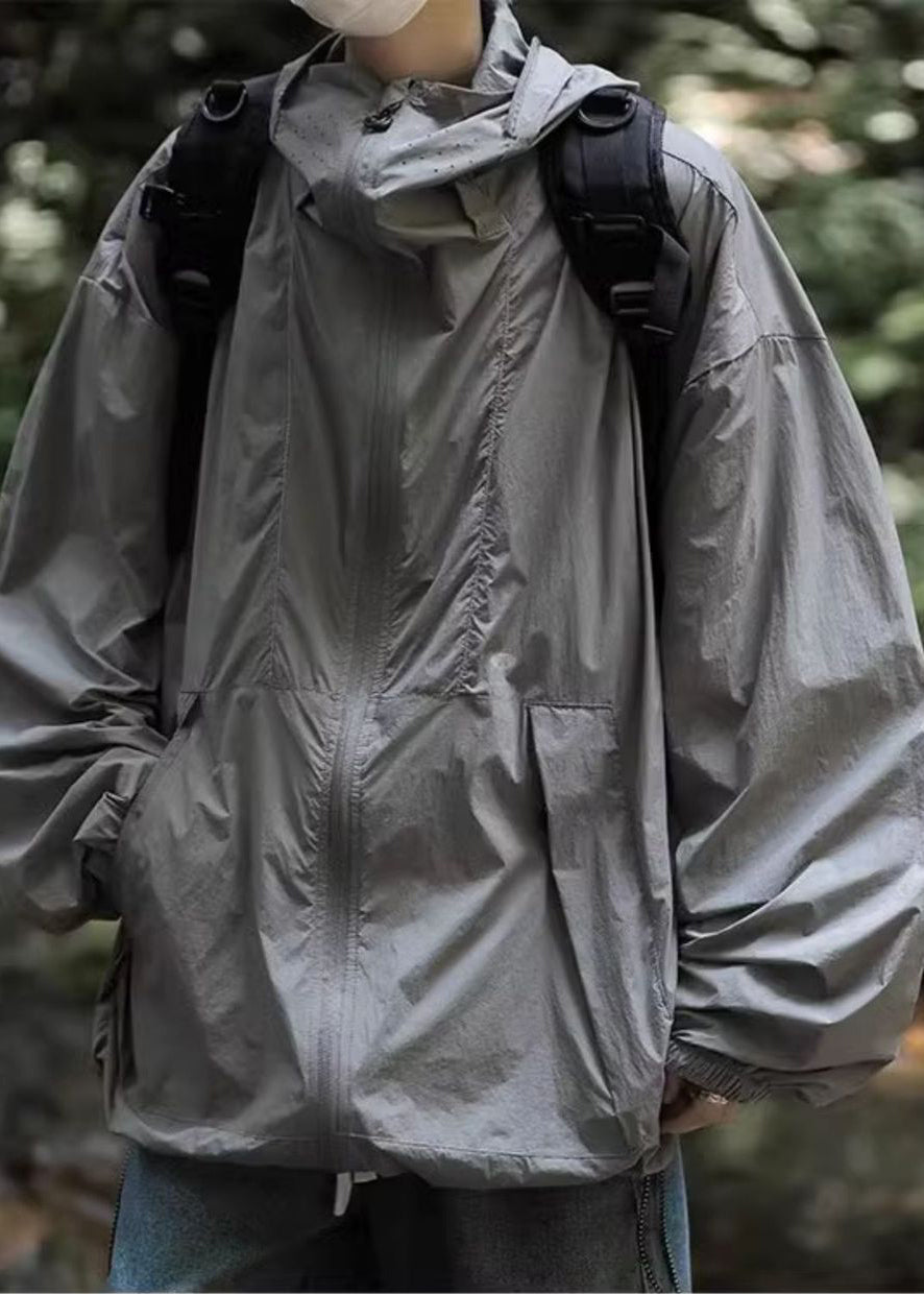 UPF 50+ Simple Coat Grey Hooded Pockets Summer Drawstring Mens
