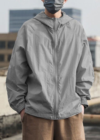 Hooded Summer Ice 50+ Simple Grey UPF Silk Solid Men Coat