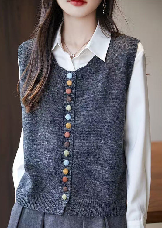 Simple Grey O Neck Button Knit Vest Sleeveless TF034