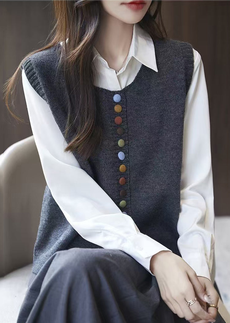 Simple Grey O Neck Button Knit Vest Sleeveless TF034