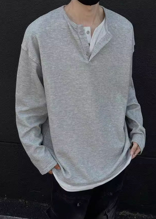 Simple O T Patchwork Grey Shirts Neck Cotton Mens Button Spring