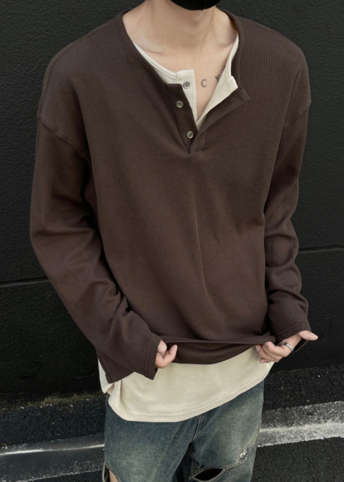 Simple O T Patchwork Grey Shirts Neck Cotton Mens Button Spring