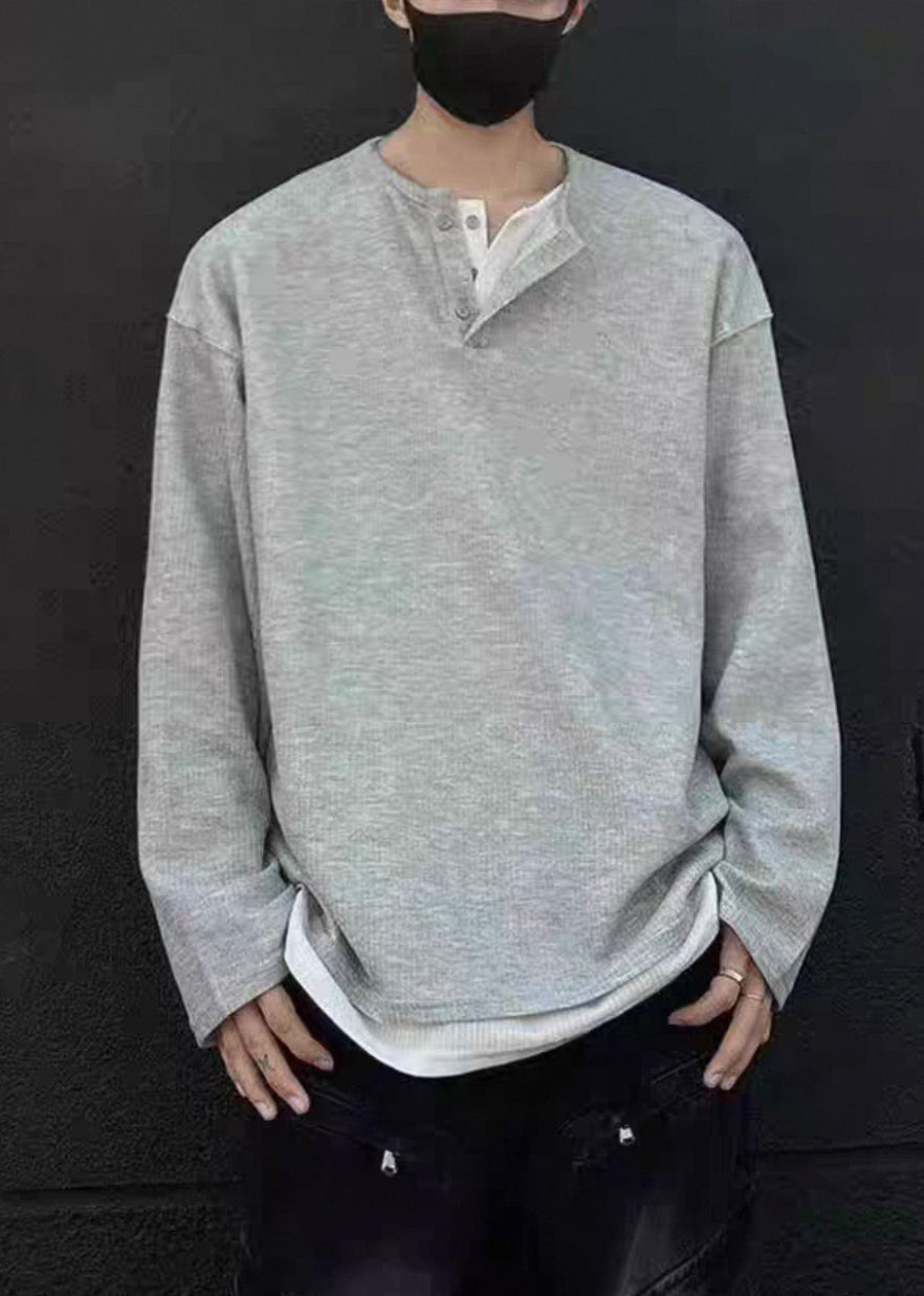 Simple O T Patchwork Grey Shirts Neck Cotton Mens Button Spring