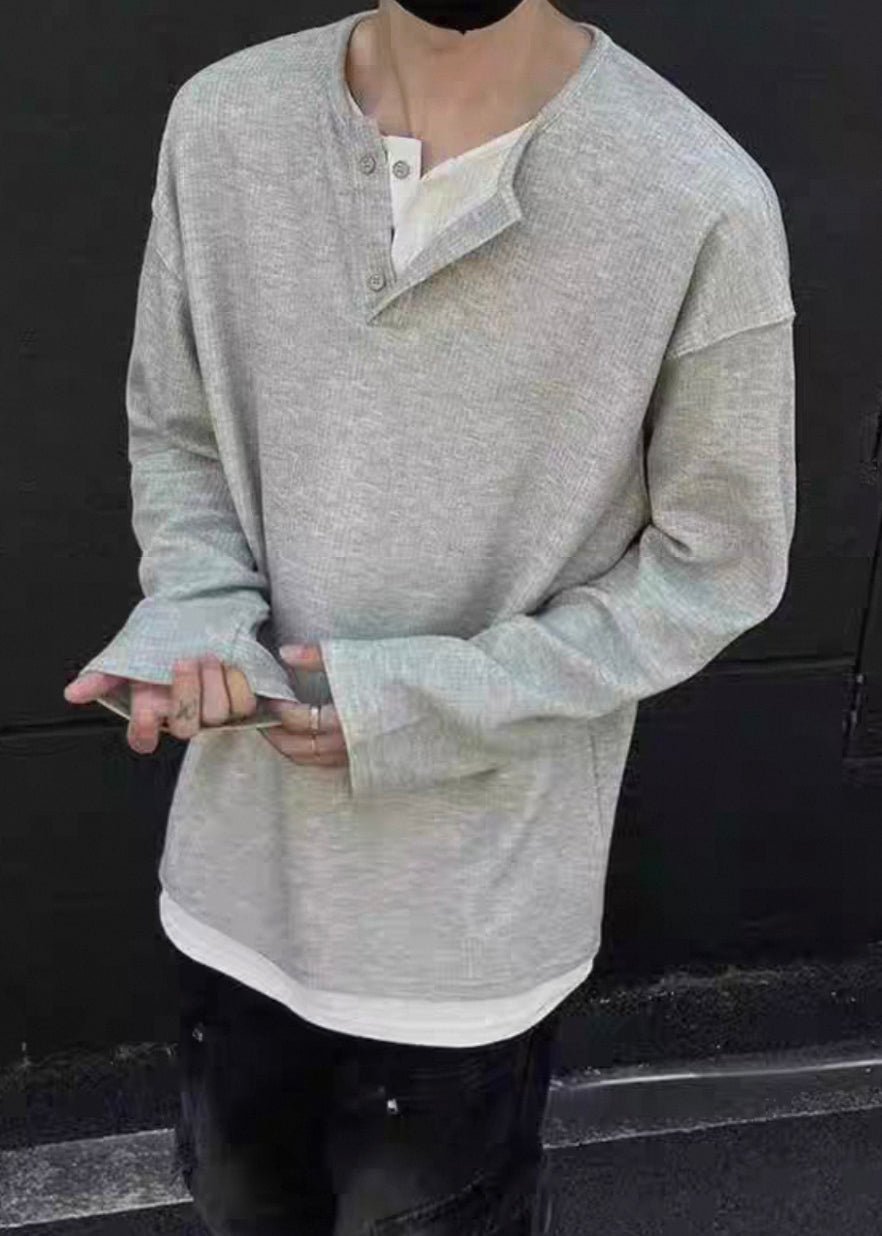 Simple O T Patchwork Grey Shirts Neck Cotton Mens Button Spring