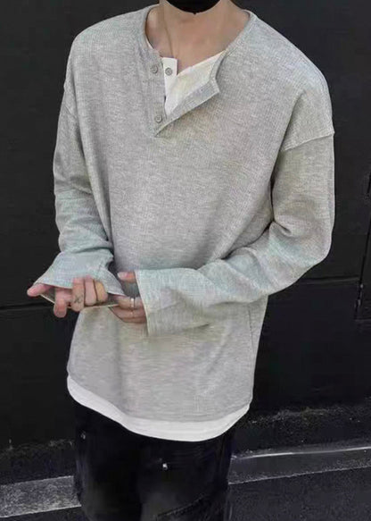 Simple O T Patchwork Grey Shirts Neck Cotton Mens Button Spring