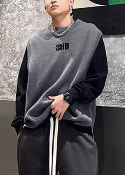 Simple Grey O Neck Letter Solid Men Knit Vest Fall RJ028