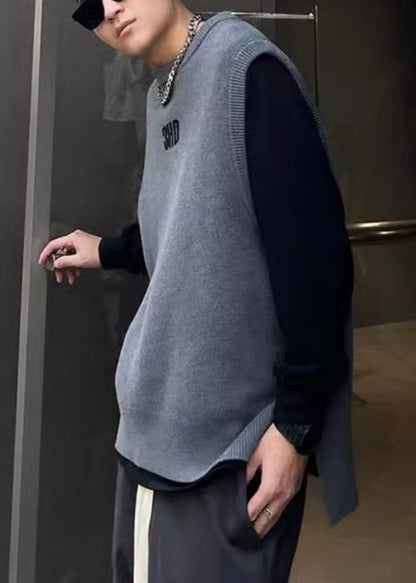 Simple Grey O Neck Letter Solid Men Knit Vest Fall RJ028