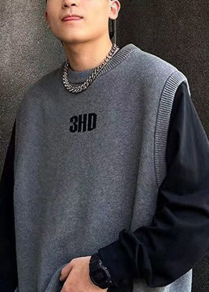 Simple Grey O Neck Letter Solid Men Knit Vest Fall RJ028