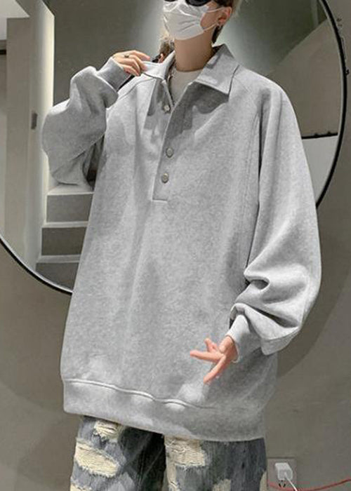 Cotton Button Sweatshirts Mens Spring Simple Grey TC033 Pan Peter Collar