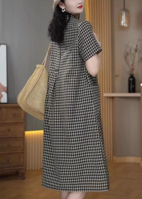 Simple Peter Plaid Summer Mid Pan Linen Collar Dress Grey