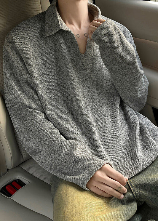 Grey Spring Simple Men Solid Shirt Cotton Polo Loose