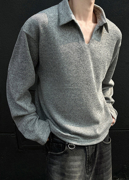 Grey Spring Simple Men Solid Shirt Cotton Polo Loose