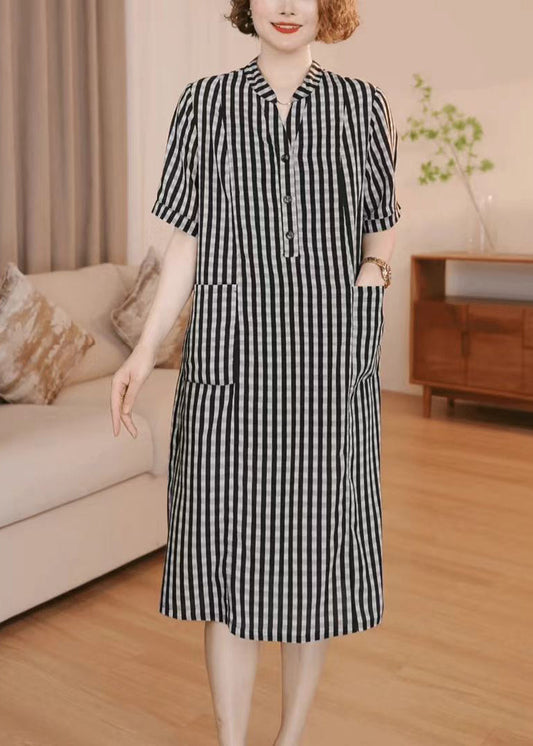 Striped Grey Cotton Simple Pockets Summer Dress Tea