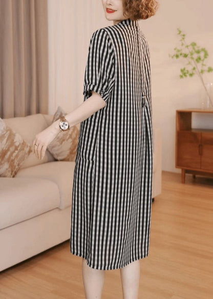 Striped Grey Cotton Simple Pockets Summer Dress Tea