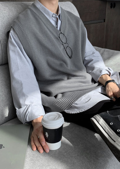 Simple Grey V Neck Cozy Knit Mens Vest Sleeveless RJ026