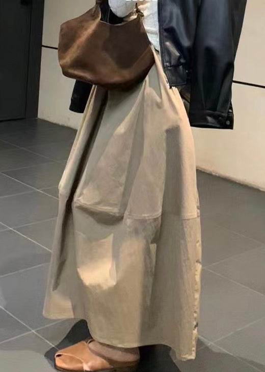 Waist Simple Fall Elastic Pockets Skirts Khaki Cotton