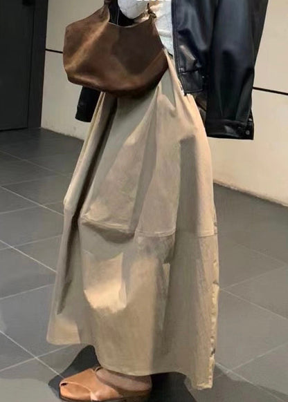 Waist Simple Fall Elastic Pockets Skirts Khaki Cotton