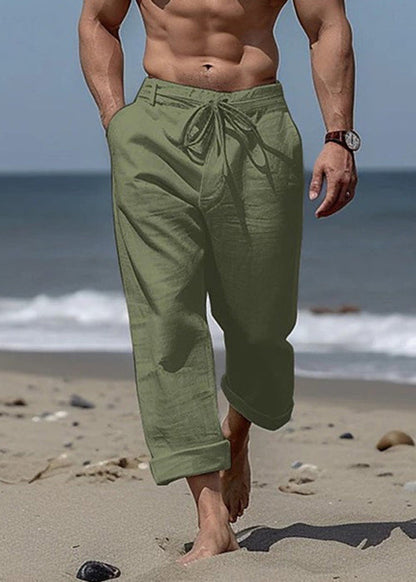 Khaki Pants Simple Summer Cotton Elastic Mens Pockets Waist Solid