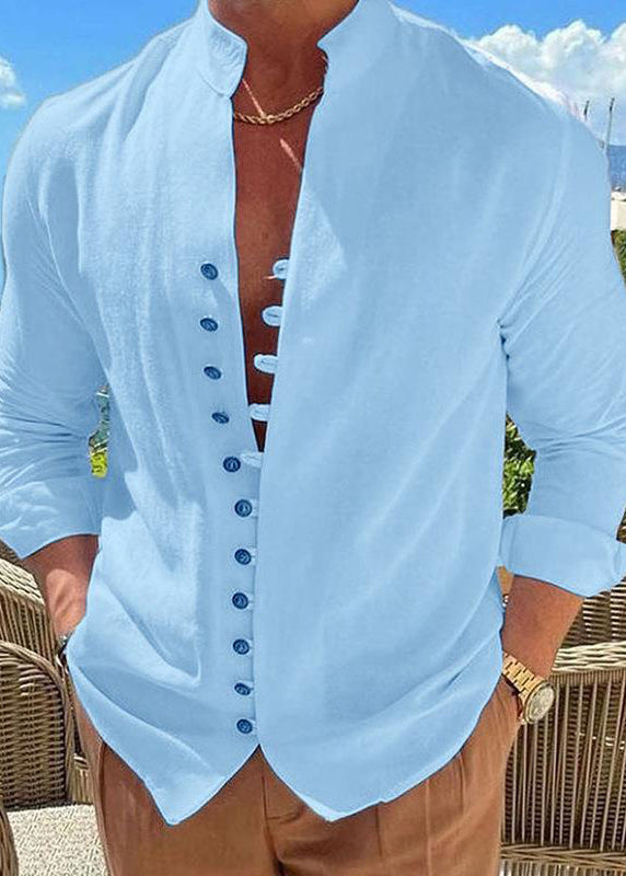 Simple Khaki Fall Cotton Button Solid Men's Shirts Collar Stand