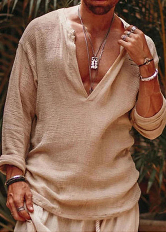 Shirts Simple Loose Khaki V Neck Fall Solid Mens Linen