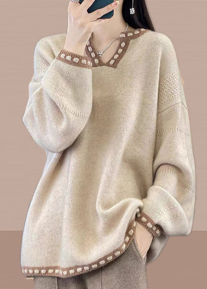 Simple Light Camel V Neck Patchwork Knit Sweaters Spring YY041