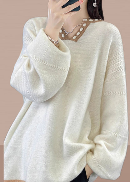 Simple Light Camel V Neck Patchwork Knit Sweaters Spring YY041