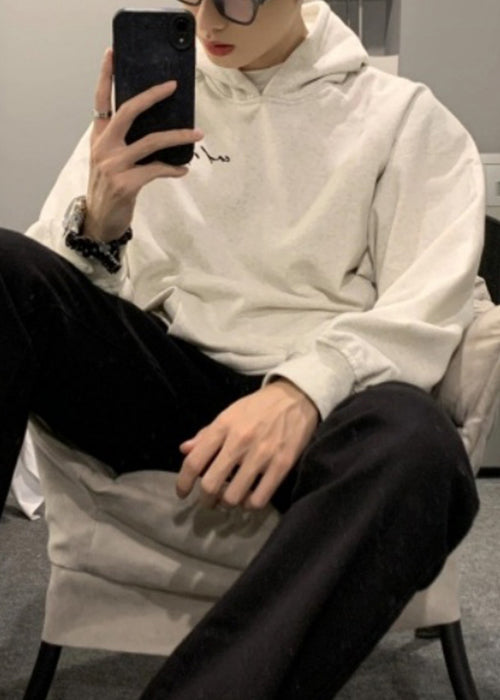 Simple Light Grey Hooded Pockets Cotton Men Sweatshirt Spring YQ021