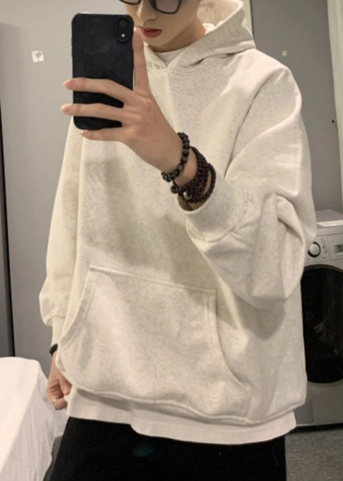 Simple Light Grey Hooded Pockets Cotton Men Sweatshirt Spring YQ021