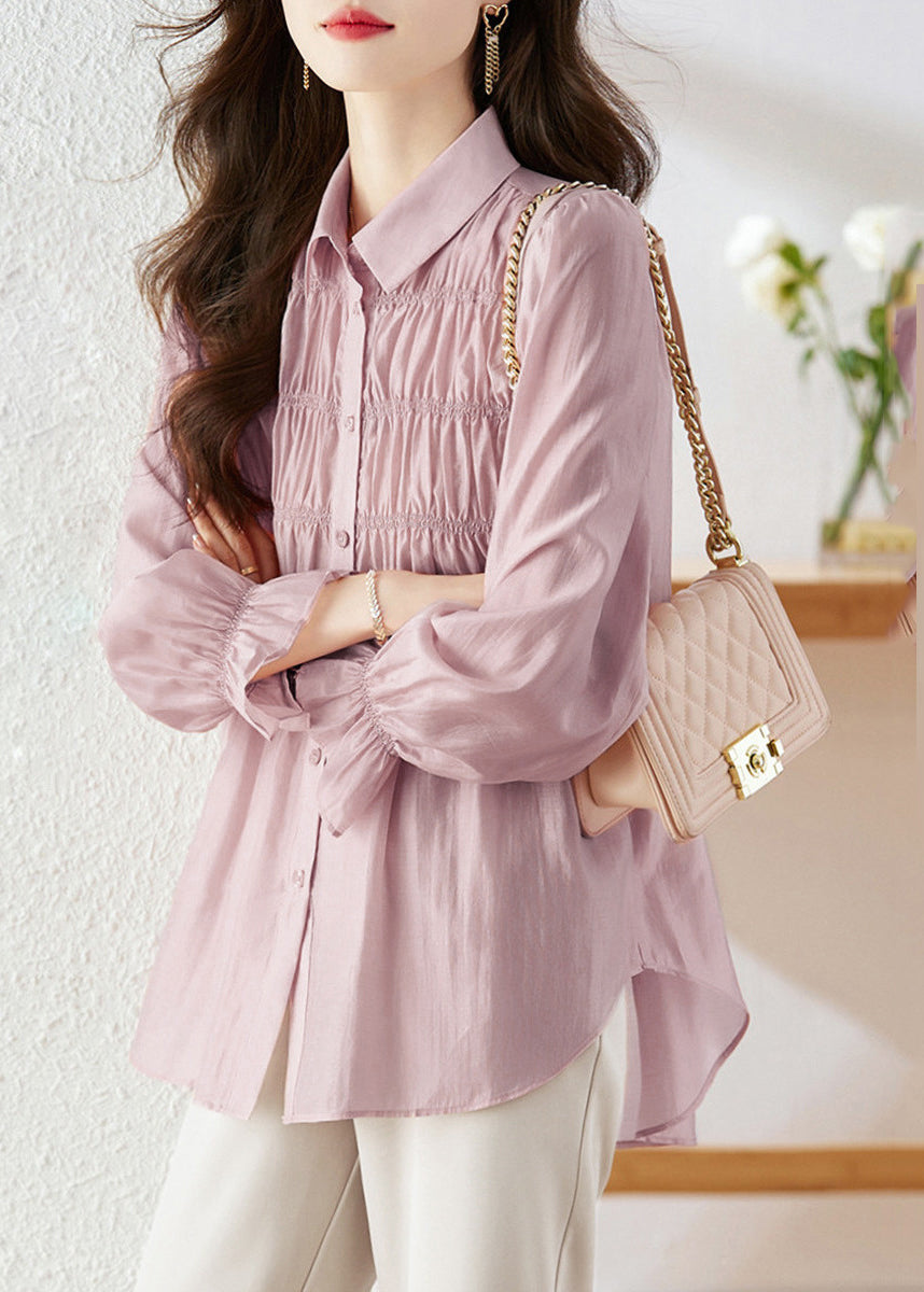 Simple Light Purple Peter Pan Collar Wrinkled Patchwork Button Silk Shirts Long Sleeve WW006