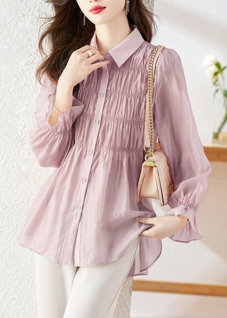 Simple Light Purple Peter Pan Collar Wrinkled Patchwork Button Silk Shirts Long Sleeve WW006